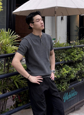 CHRISMA  KATCH亨利领短袖t恤男夏季新款针织痞帅男士休闲polo衫