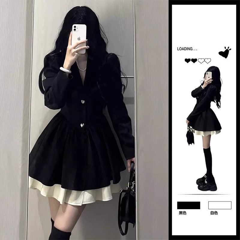 胖mm法式感气质黑色西装连衣裙女2025秋季大码收腰显瘦公主蓬蓬裙