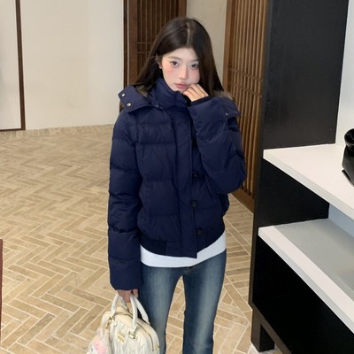 南区菲奥娜藏青色大毛领羽绒棉服外套女2025冬季新款加厚短款