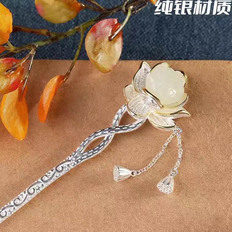莲花步摇和田玉银发簪古风轻奢小众设计簪子宫廷发钗高级感发饰
