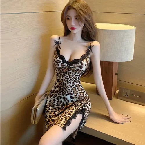 性感豹纹吊带睡衣冰丝家居服蕾丝