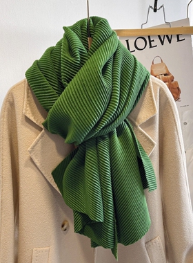日系绿色风格纯色仿棉麻褶皱围巾冬季女百搭洋气披肩保暖围脖