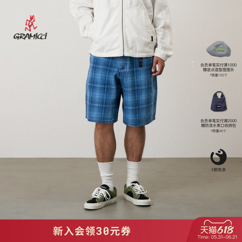 【26新款】GRAMICCI小野人男士夏季休闲牛仔格纹短裤子G6SM-P023