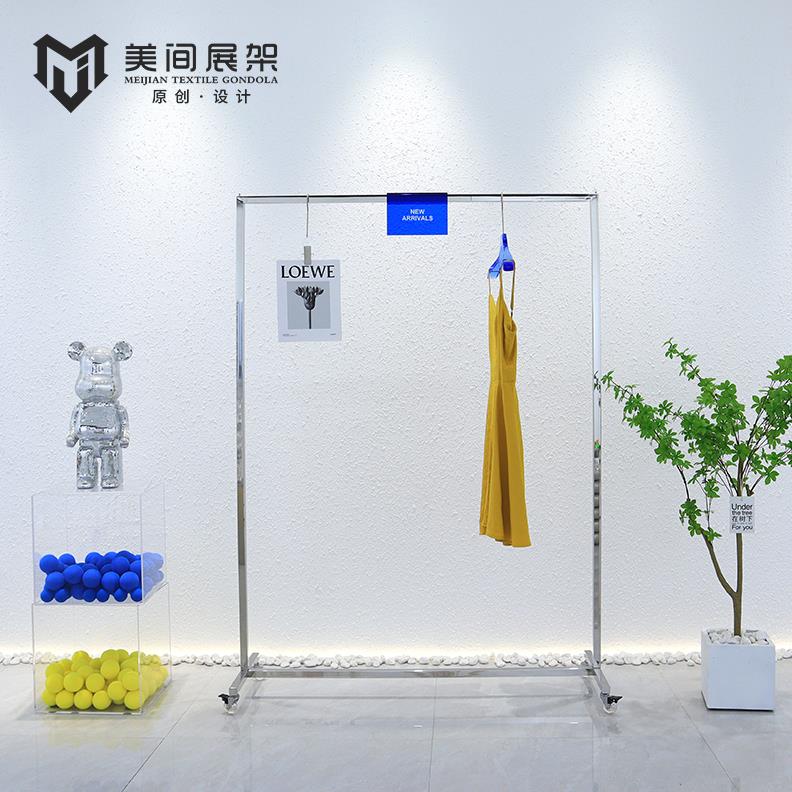 女装店货架展示架定制拉丝不锈钢落地式带轮可移动中岛服装陈列架