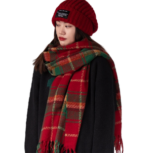 红色围巾冬季女圣诞高级感2022新款百搭针织围巾绿色新年红本命年