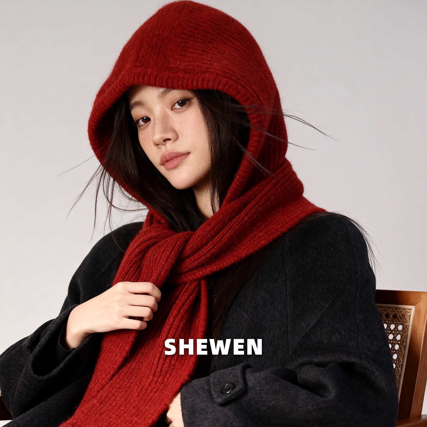 红色大头围针织帽子围巾一体