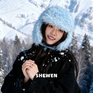 毛绒蓝色雷锋帽子女冬防寒白色保暖护耳东北帽下雪拍照新疆北海道