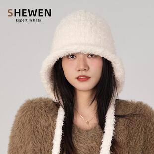 川西旅游帽子女秋冬季女款白色大头围套头帽显脸小护耳羊羔毛帽子