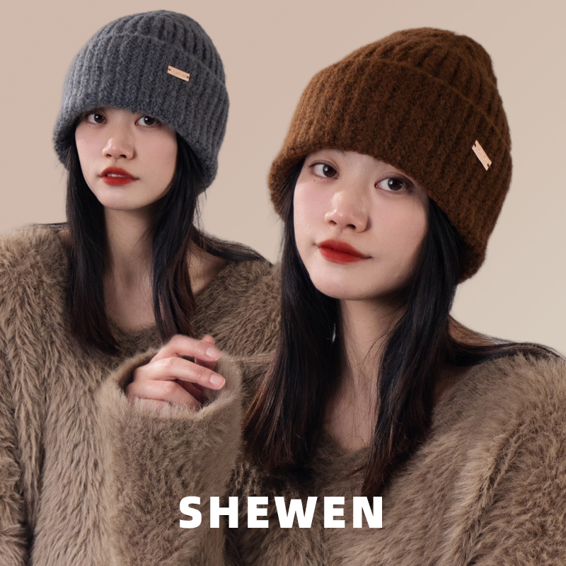 大头毛线帽女秋冬羊毛针织帽加厚保暖美拉德宽松护耳帽冷帽显脸小