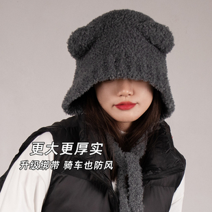 系带灰色小熊帽子护耳帽大头围帽子女冬季 咖啡针织毛线帽 2022爆款