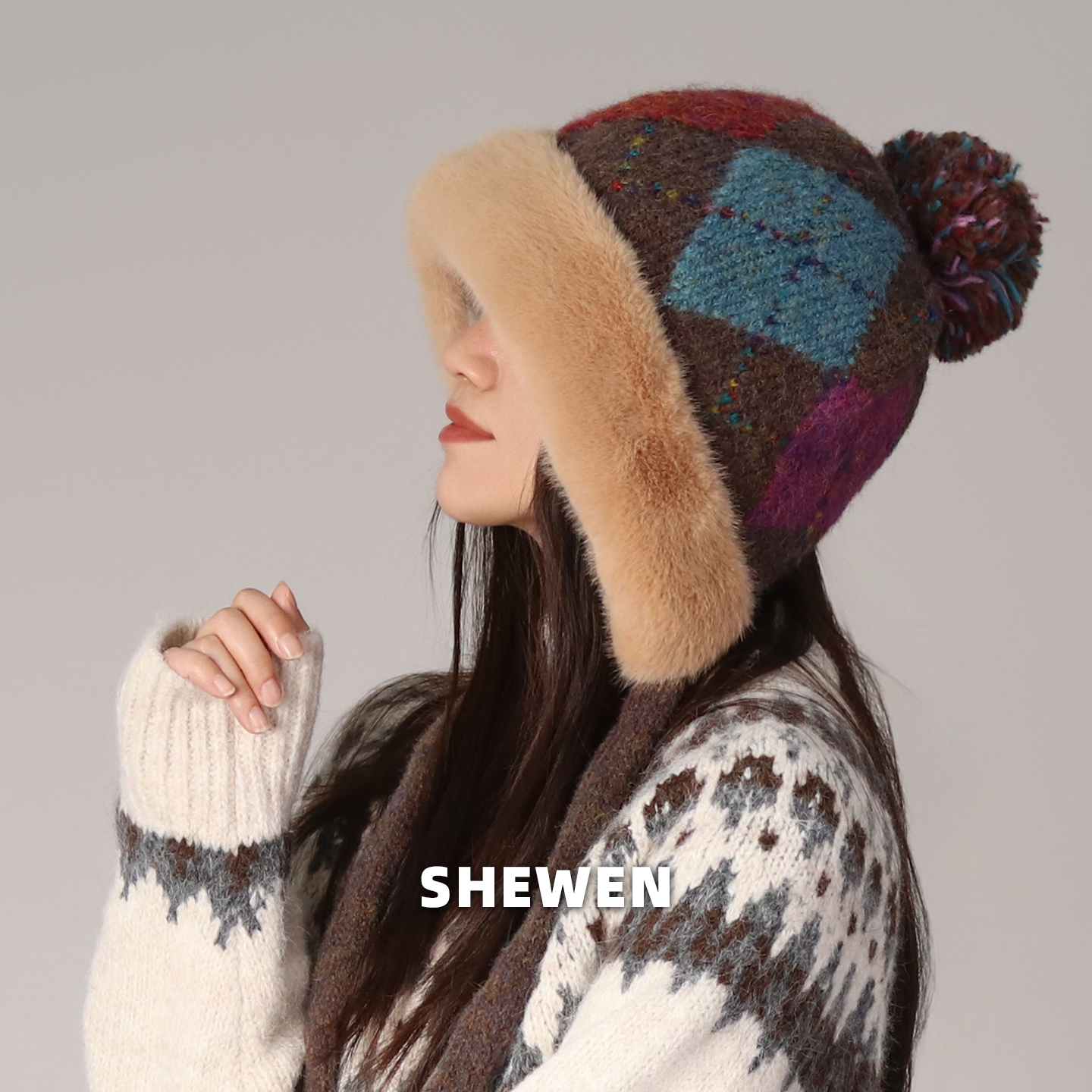 提花针织毛线帽女秋冬雷锋帽