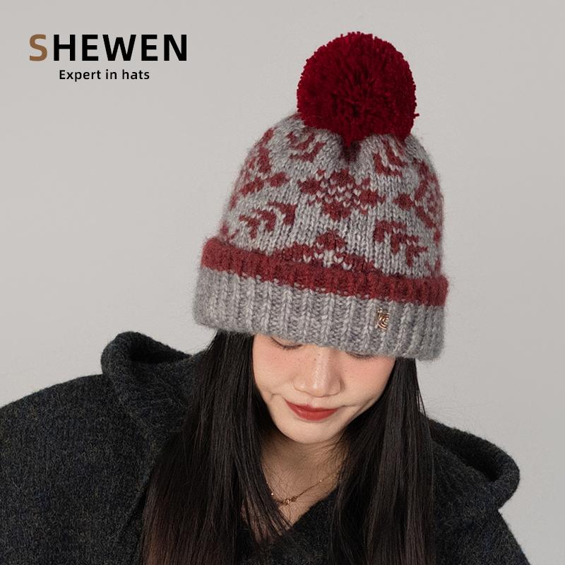 复古提花加厚加绒针织毛球帽子