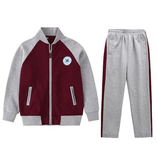 天河区棠东小学校服运动装棉春秋枣红间浅灰拉链棒园服套装棒球服