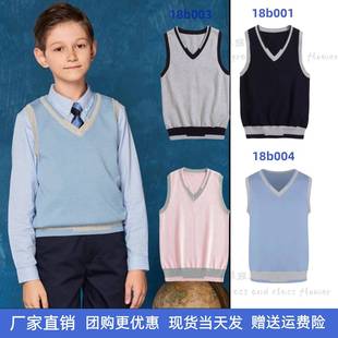 伊顿马甲针织衫纪德校服藏青浅蓝V领男女春秋全棉针织背心18B001X