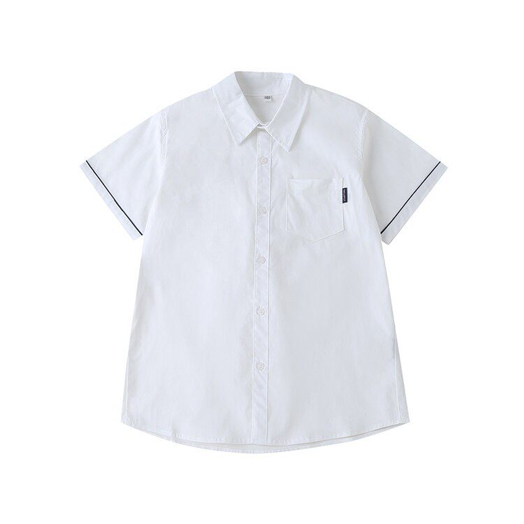 夏季男童新款袖口蓝条短袖校服衬衫英伦学院风中大童学生白色衬衣