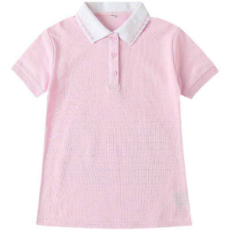 中小学生校服女大童短袖粉红色心形领夏季校服上衣薄款T恤POLO衫T