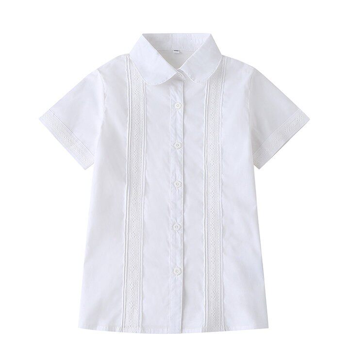 女童短袖白色双花边衬衫纯棉夏季中大童班服女款中小学生校服衬衫