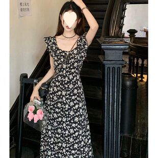 黑色碎花连衣裙女夏季2025新款裙子气质高级感a字收腰显瘦中长裙