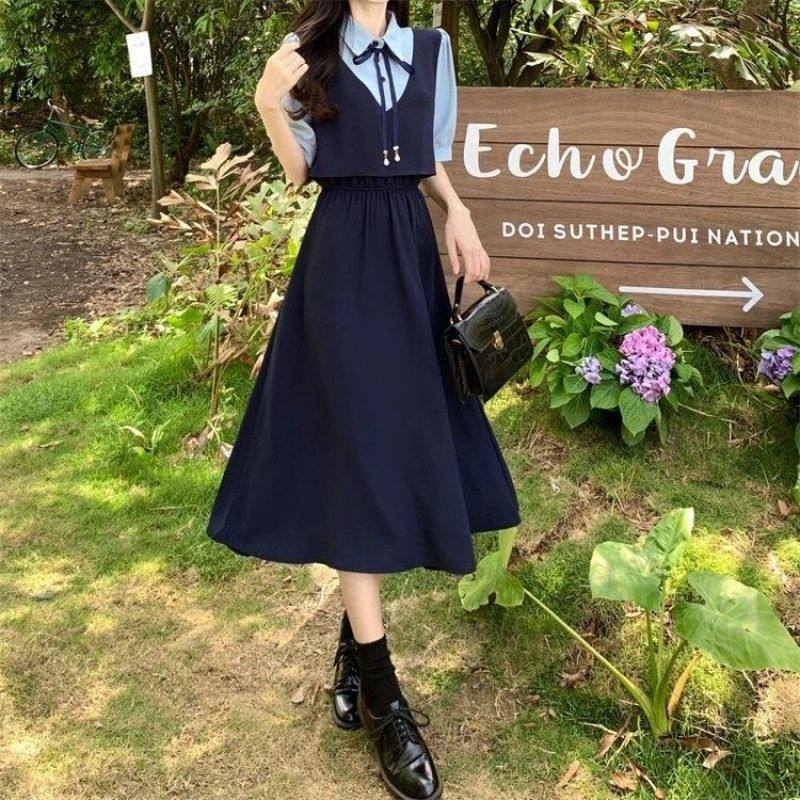 大码甜美学院风设计感假两件连衣裙女夏季胖妹妹显瘦遮肚减龄长裙