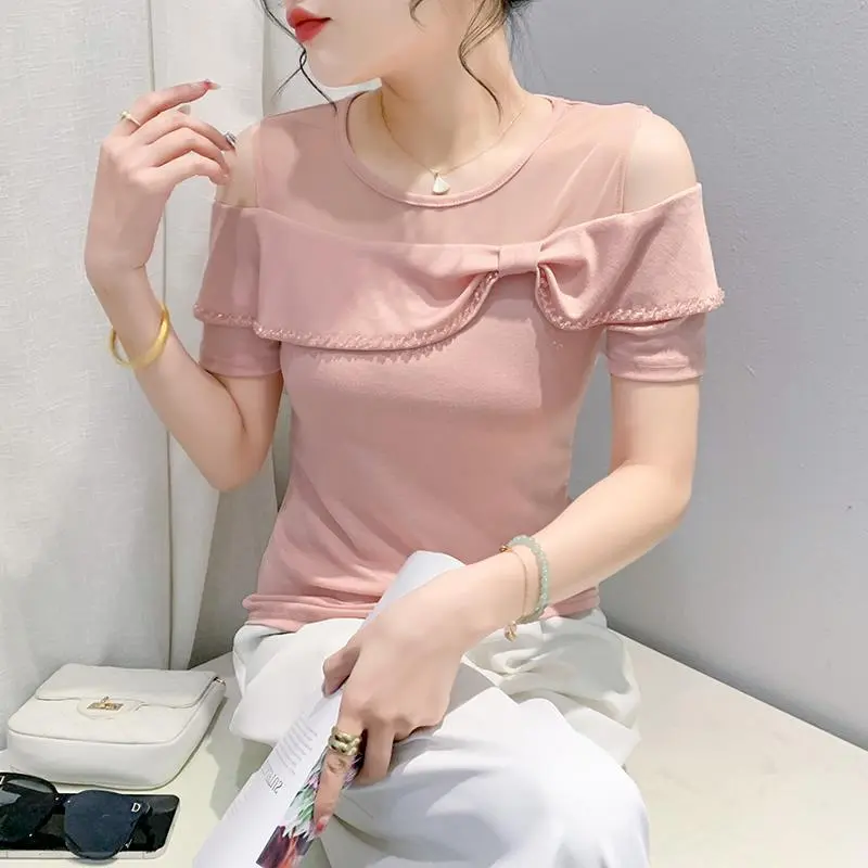 2024年新款夏季女装圆领性感微透露肩上衣打底衫蝴蝶结钉珠短袖女
