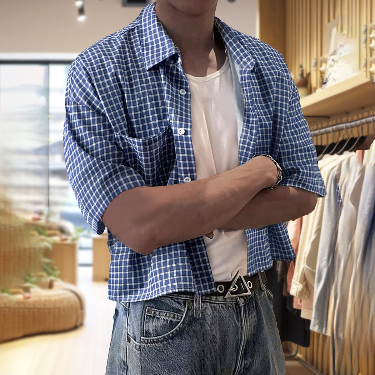 跨境男士落肩夏季新款小格子短袖衬衫男时尚薄款外套上衣宽松休闲