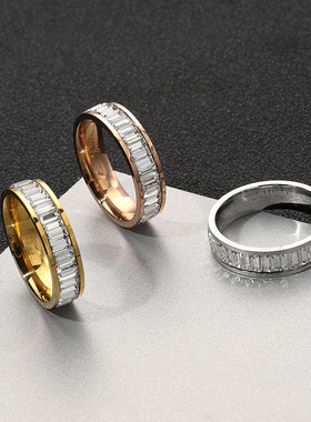 欧美跨境钛钢饰品时尚轻奢叠戴戒指三色方形排钻不锈钢戒指厂