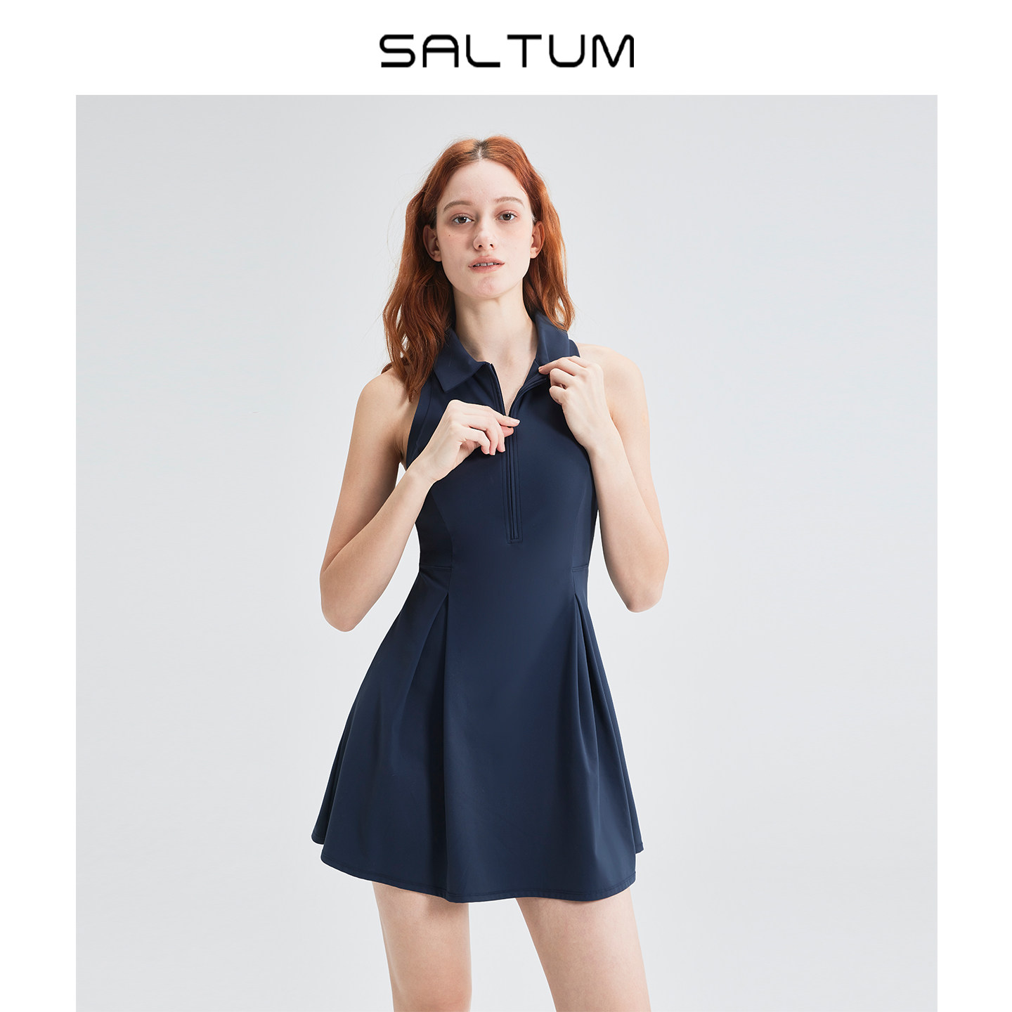 Saltum网球裙连衣裙女带胸垫修身polo领拉链复古修身羽毛球运动裙