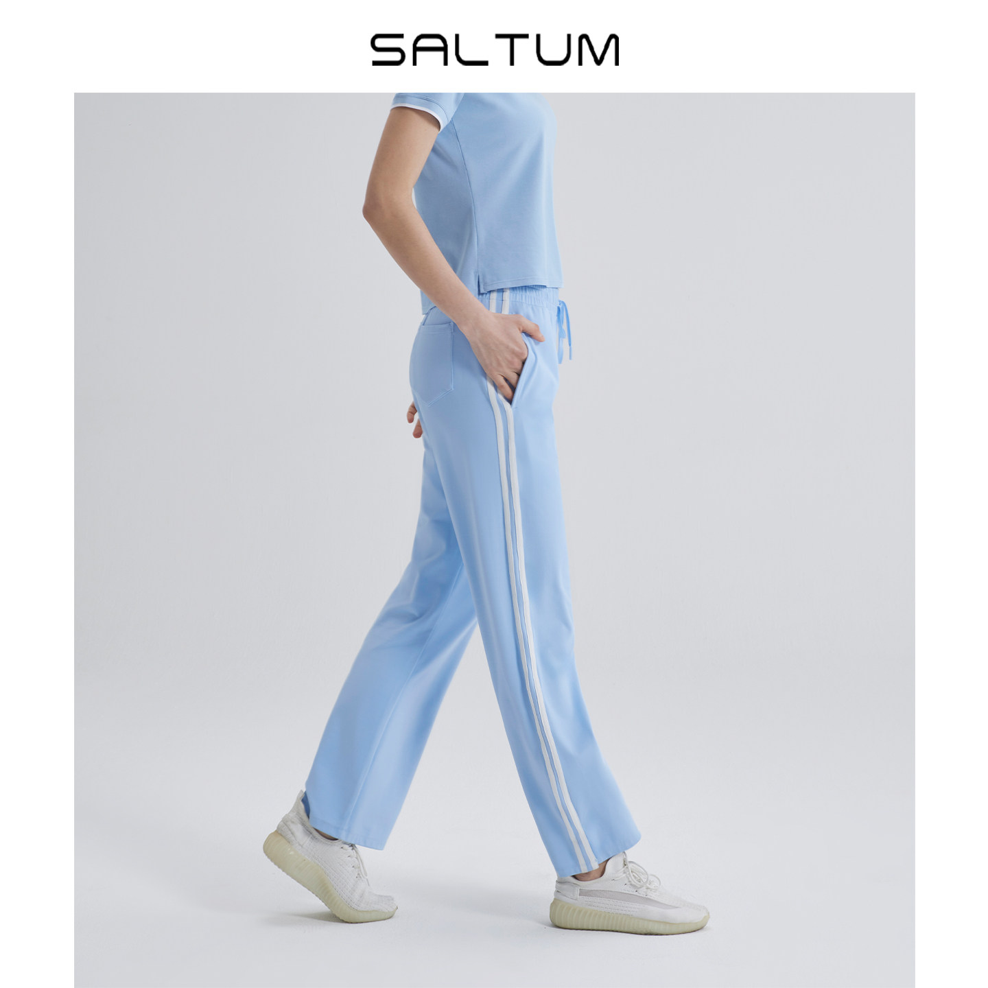 Saltum春季新款撞色美式条纹抽绳休闲裤女瑜伽直筒长裤健身跑步裤