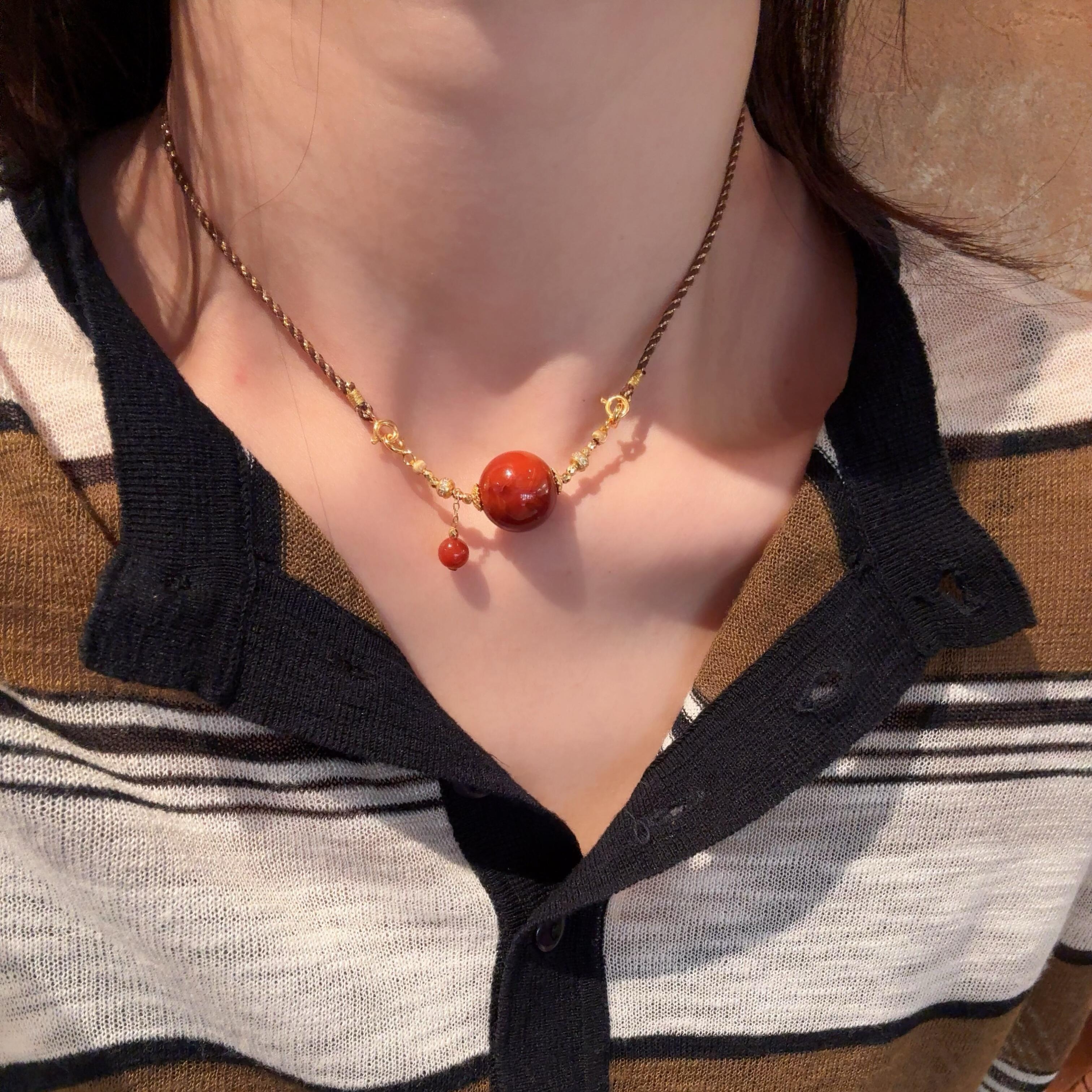原创设计天然南红玛瑙锁骨链大颗粒单珠编绳款项链转运珠本命年女