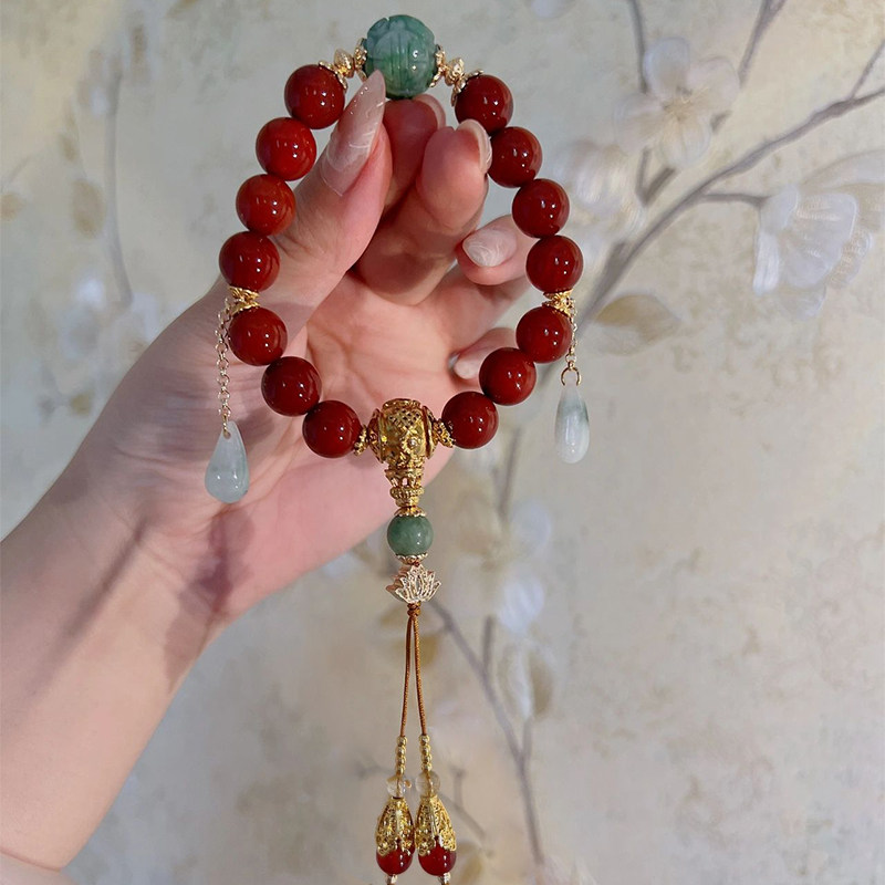 天然南红玛瑙手链凉山满色满肉柿子红宫廷风手串翡翠雕刻佛珠念珠