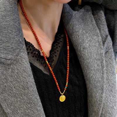 南红长款颈链古法沙金男女款