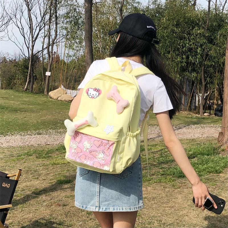 hellokitty书包女初高中大学生双肩包碎花花朵猫骨头旅行背包可爱