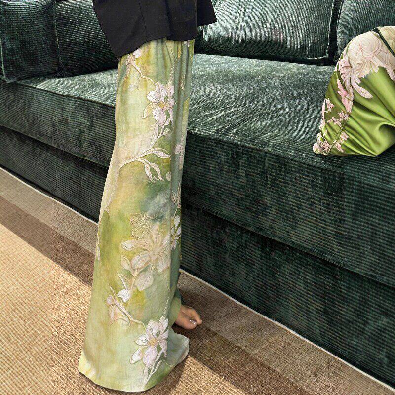 棉绸裤子女夏薄款遛弯裤可外穿家居睡裤凉凉防蚊裤绿色绵绸长裤