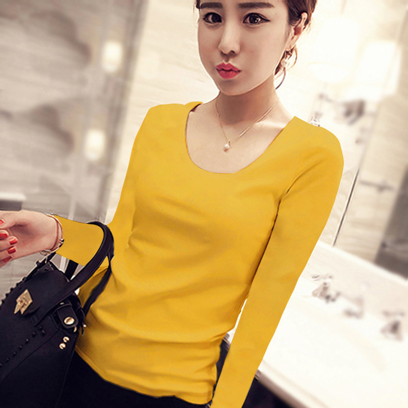 姜黄色纯棉长袖t恤女u领内搭紧身打底衫春秋收腰显瘦气质上衣薄款