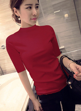 纯棉中袖t恤女七分袖上衣半高领2025新款内搭纯色修身显瘦五分袖