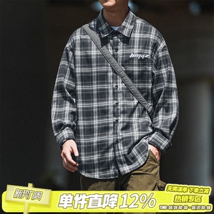 长袖 男士 衬衣外套潮牌 日系复古刺绣翻领格子衬衫 HEEMKIZOO春秋款