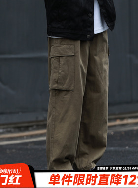 HEEMKIZOO美式复古大口袋抽褶设计工装裤春季男士宽松休闲直筒裤