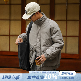 HEEMKIZOO日系复古百搭格纹肌理棉衣男休闲潮大口袋工装棉服上衣