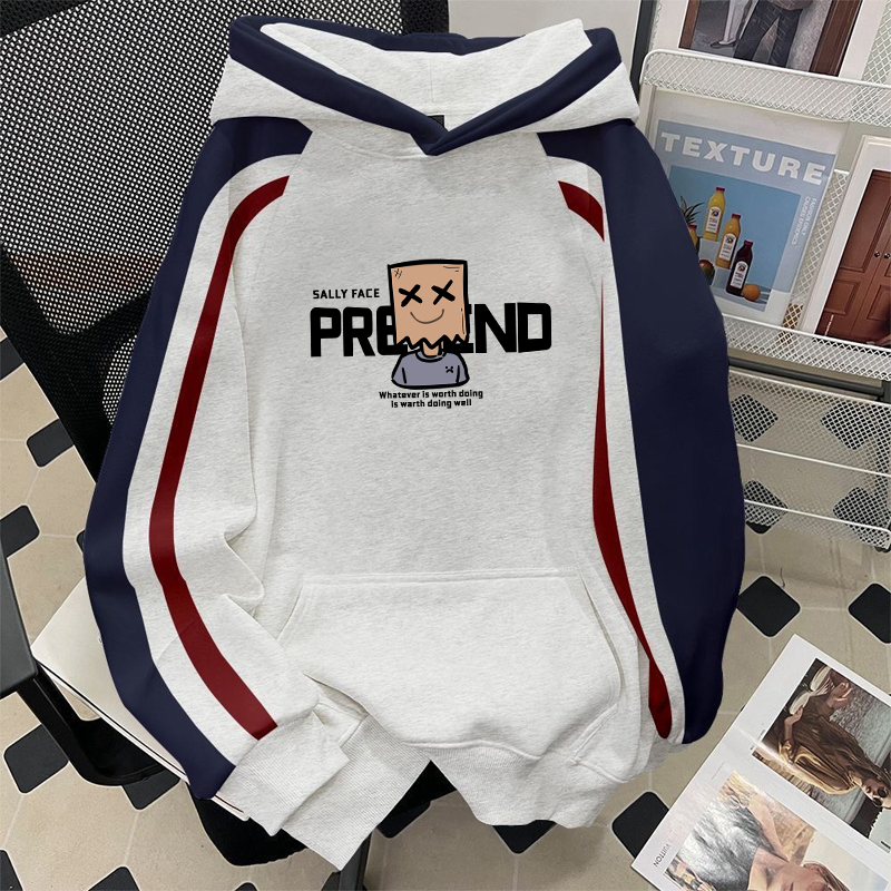 颖膝美式条纹撞色连帽卫衣男款