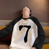 美式 春秋季 高街潮流青少年百搭宽松上衣服潮 t恤男款 纯棉撞色长袖