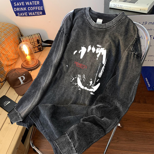 颖膝水洗做旧长袖t恤男宽松衣服