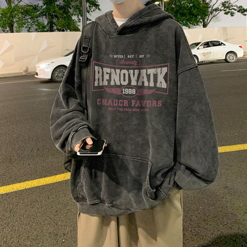 颖膝加绒加厚卫衣男水洗连帽外套