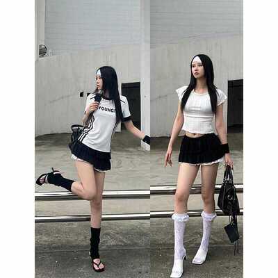 半身裙荷叶蕾丝褶皱撞色甜辣风