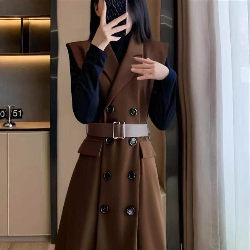 法式高级感双排扣无袖西装马甲连衣裙女2026年春秋新款叠穿背心裙