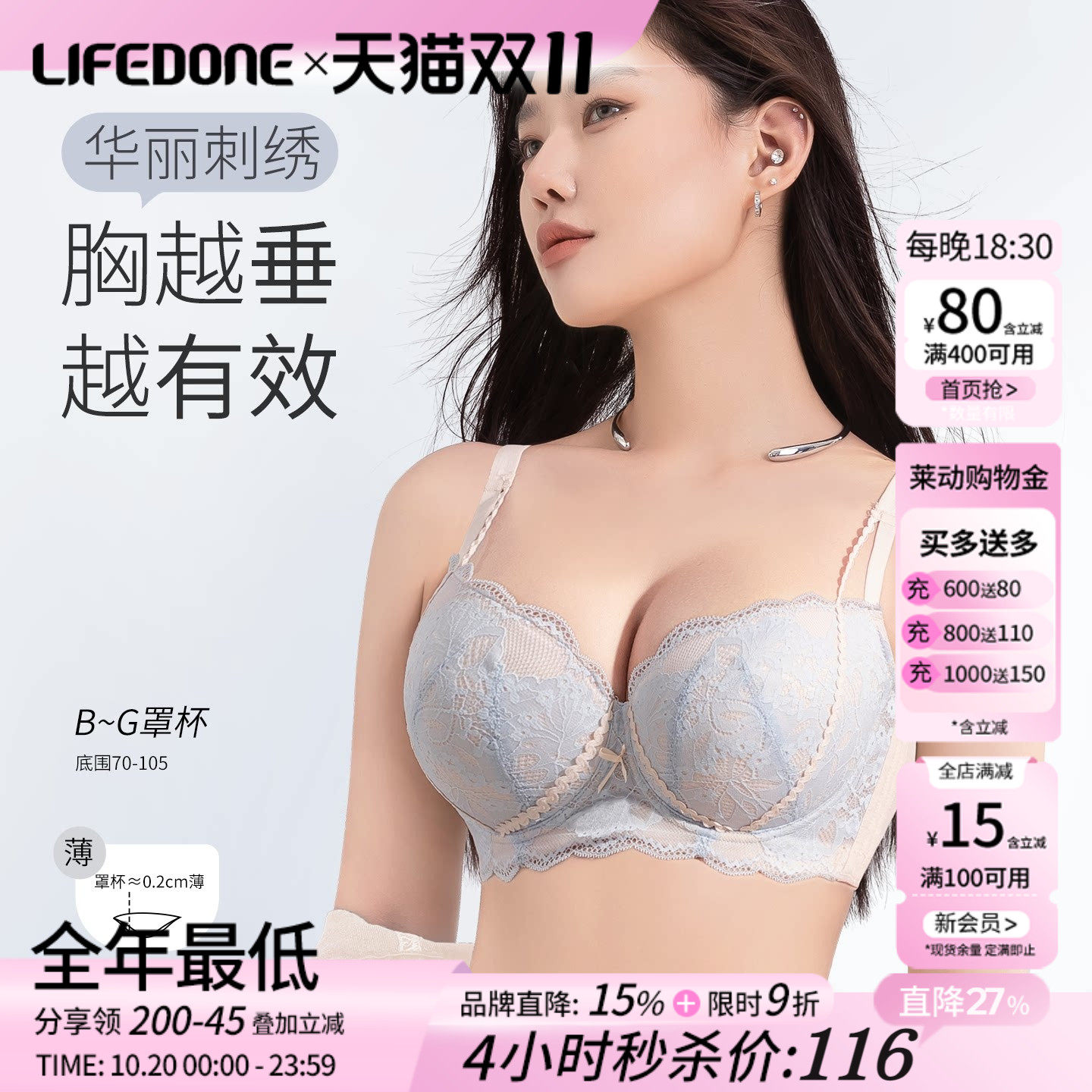 莱动内衣女大胸显大小性感大码聚拢上托防下垂蕾丝调整型文胸罩薄
