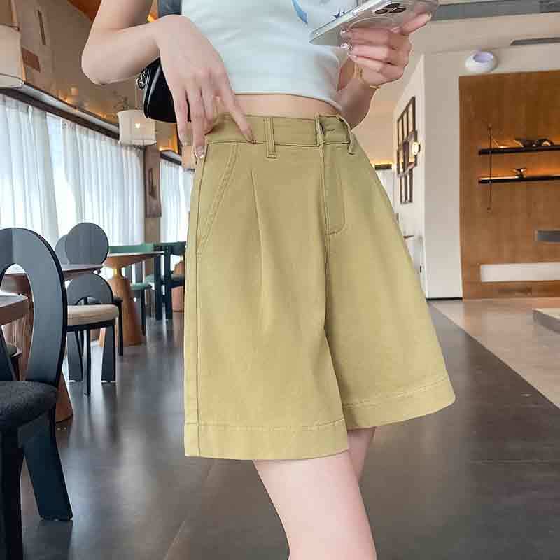 五分牛仔短裤女休闲百搭2025夏季薄款高腰褶皱弹力宽松宽松四分裤