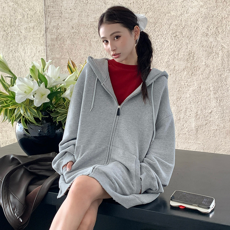 秋冬毛圈卫衣外套女新款韩系拉链慵懒风宽松潮流个性连帽纯色开衫