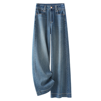 蓝色复古直筒牛仔裤女2025年新款秋季高腰宽松显瘦百搭阔腿九分裤