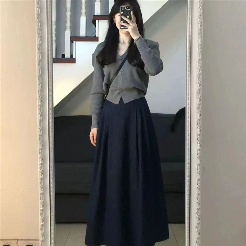 套装女秋季新款高级感针织短款毛衣开衫高腰显瘦半身裙时尚两件套