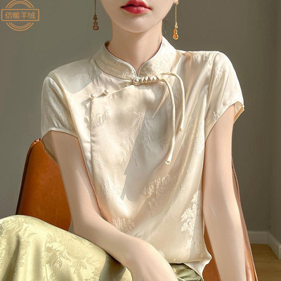 中国风仿真丝提花衬衫女2025春夏新品国潮立领斜襟唐装短袖上衣